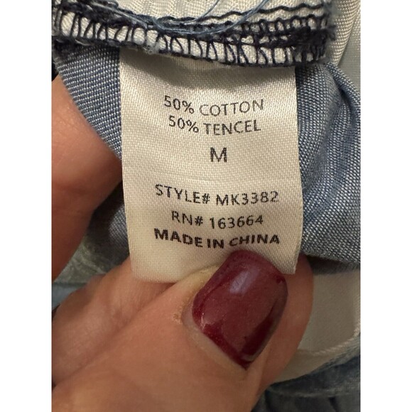 Mazik Jumpsuit Womens M Blue Chambray Sleeveless Wrap Front Tie Neck Boho Beachy - Picture 10 of 12